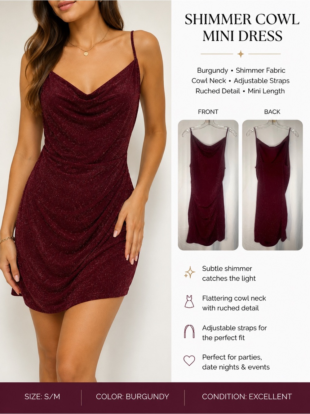 Shimmer Cowl Mini Dress - Burgundy